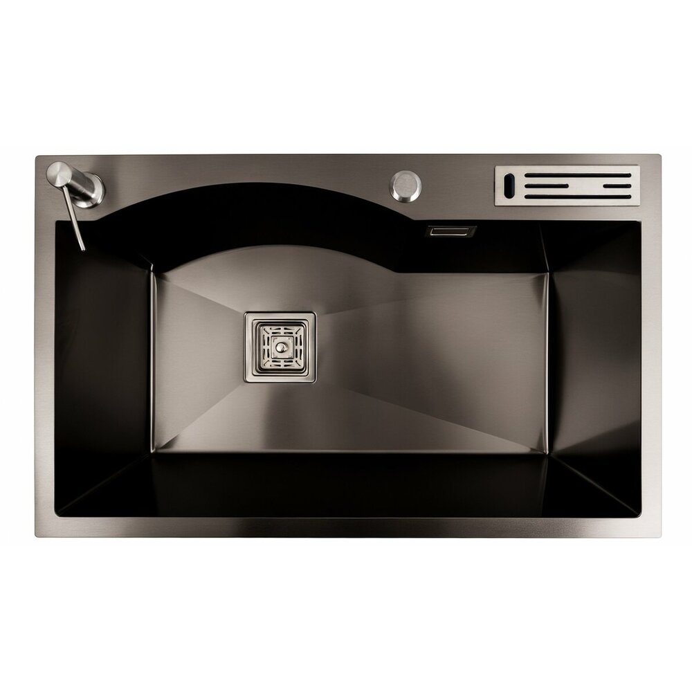 Фото - Кухонна мийка 75*46 PVD чорна з підставкою для ножів Platinum Handmade HSB (квадратний сифон 3,0/1)