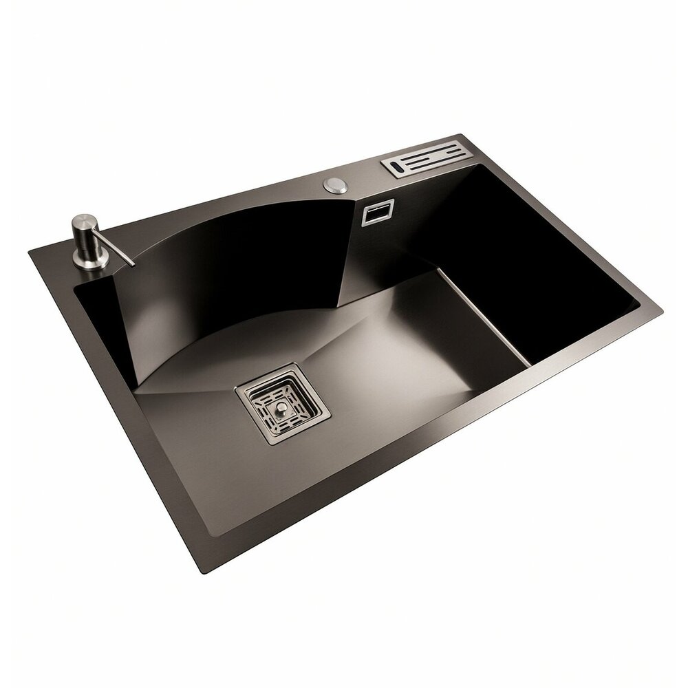 Фото - Кухонна мийка 75*46 PVD чорна з підставкою для ножів Platinum Handmade HSB (квадратний сифон 3,0/1)
