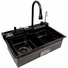 Кухонна мийка CM 75*46C PVD чорна Platinum Handmade "ВОДОСПАД" (Декор)