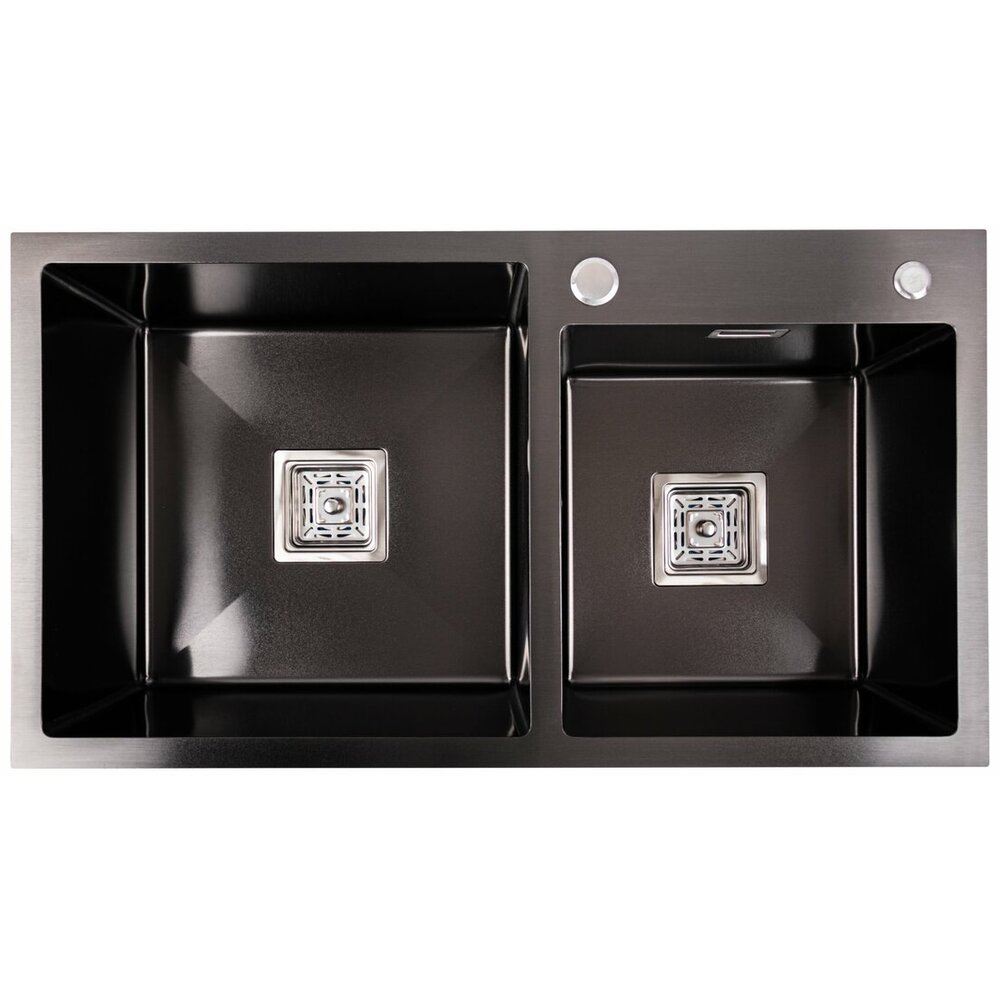 Фото - Кухонна мийка Platinum Handmade PVD HDB чорна 780х430х230 на дві чаші (квадратний сифон,3.0/1.0)