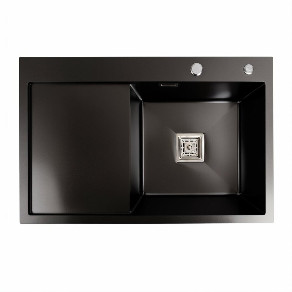 Фото - Мийка PVD Black Platinum Handmade 78*50B R (два отвори, квадратний сифон, 3.0/1.0 мм)