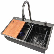 Кухонна мийка 75*45A PVD чорна Platinum Handmade "ВОДОСПАД"