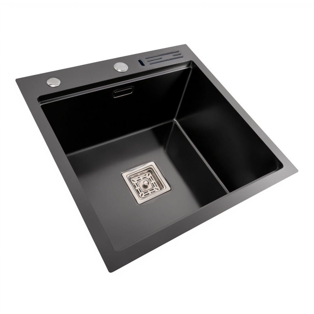 Фото - Кухонна мийка 50*50 PVD чорна Platinum Handmade з підставкою для ножів