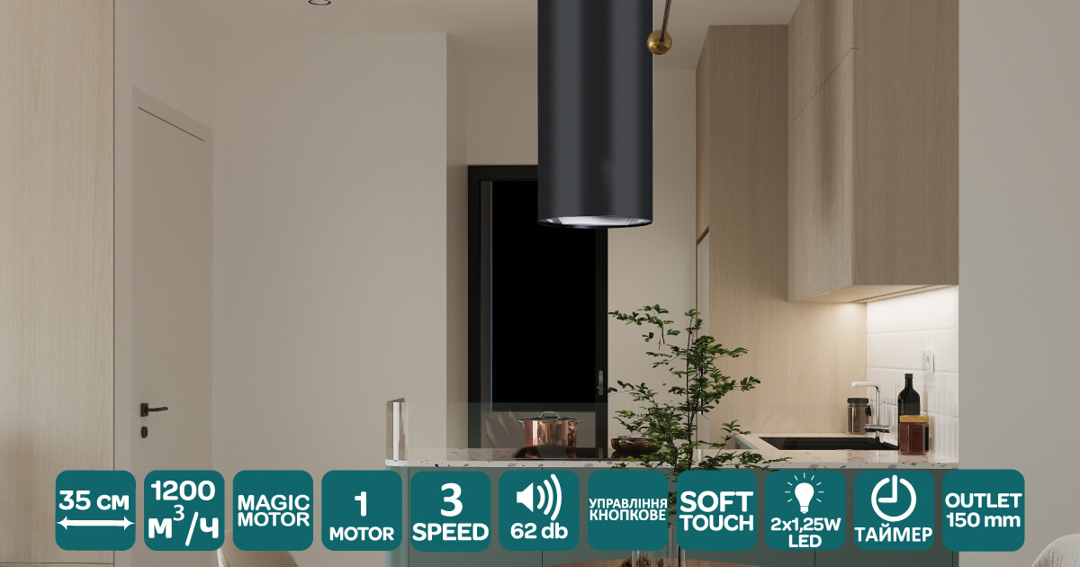 фото купити острівну витяжку ISOLA CILINDRO 35 BK (1200) ST MM